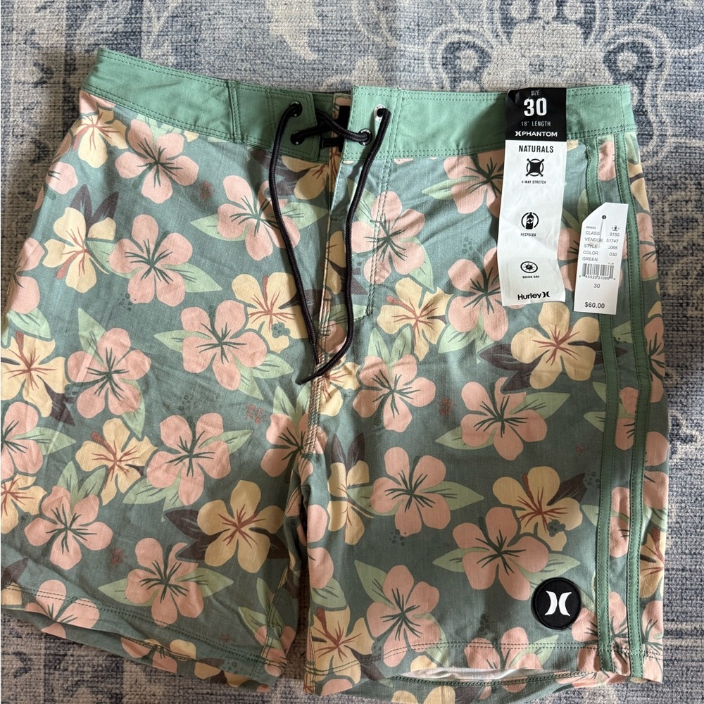 Hurley Green and Pink Floral Board Shorts